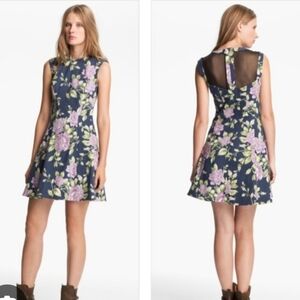 Rag & Bone Ruby Floral Dress SZ: 10 Mesh Back Roses Print Navy Blue Pink